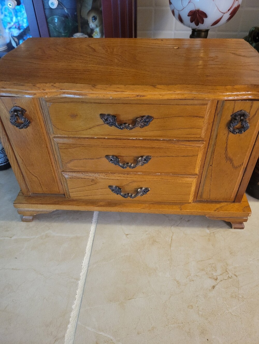 Vintage Oak Jewelry And Music Box with Ornate Brass Hardware - Honey Oak